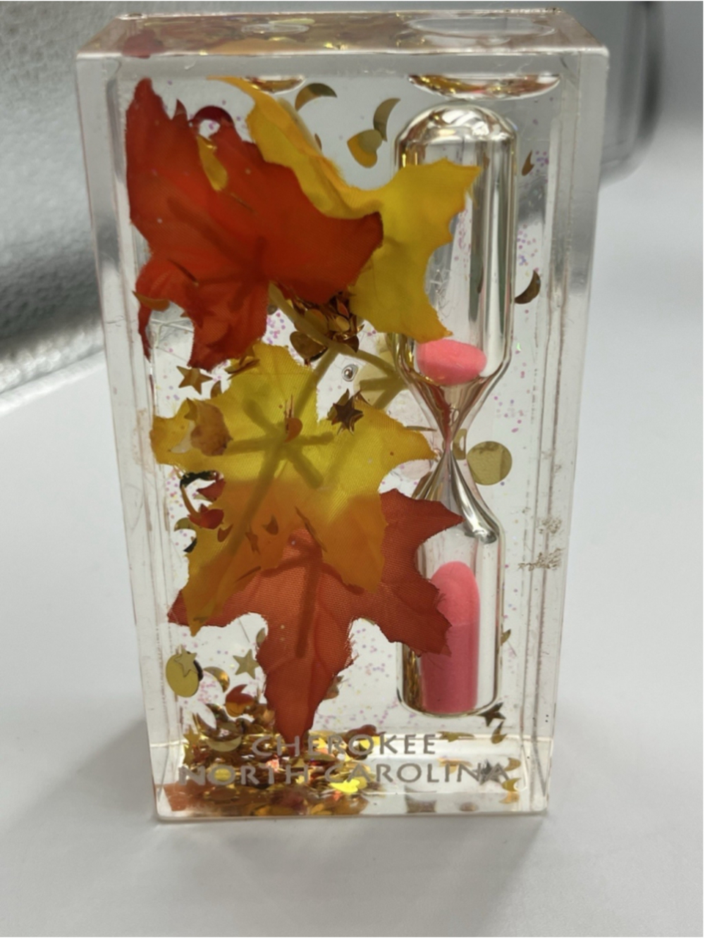 VINTAGE 3 Minute Sand Hourglass Timer Lucite CHEROKEE NORTH CAROLINA W/LEAVES